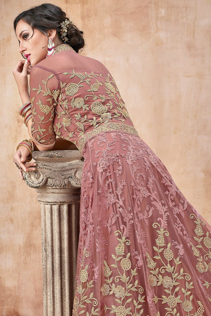 Onion Pink Embroidered Net Anarkali Suit