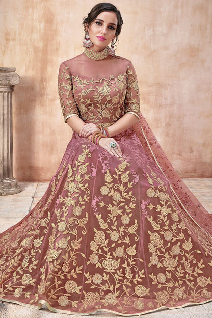 Onion Pink Embroidered Net Anarkali Suit