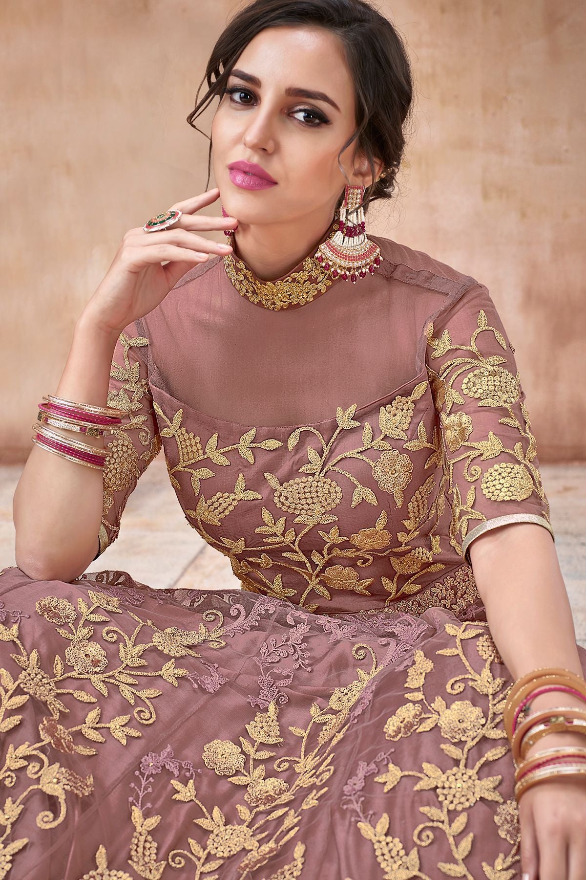 Onion Pink Embroidered Net Anarkali Suit