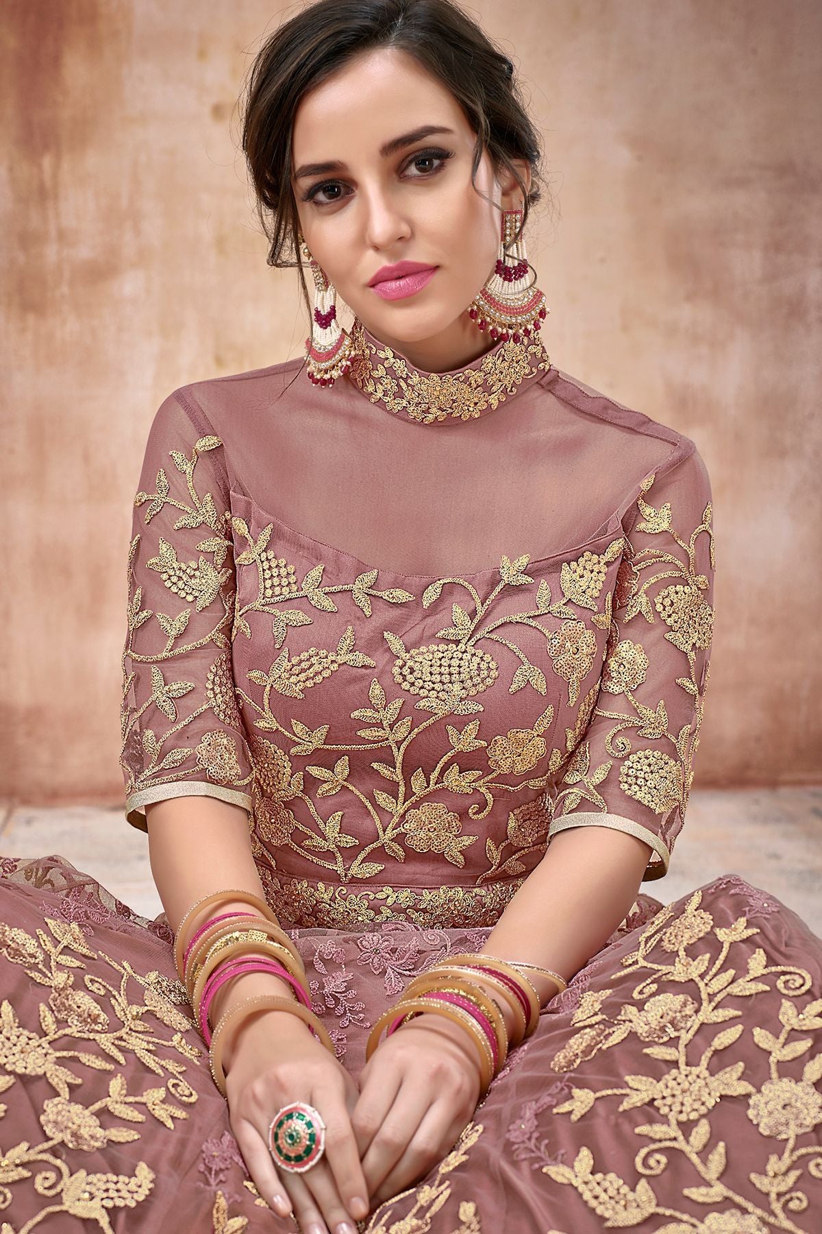 Onion Pink Embroidered Net Anarkali Suit