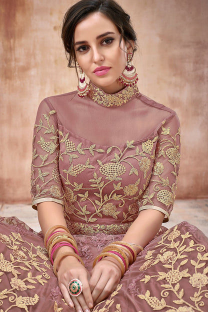 Onion Pink Embroidered Net Anarkali Suit