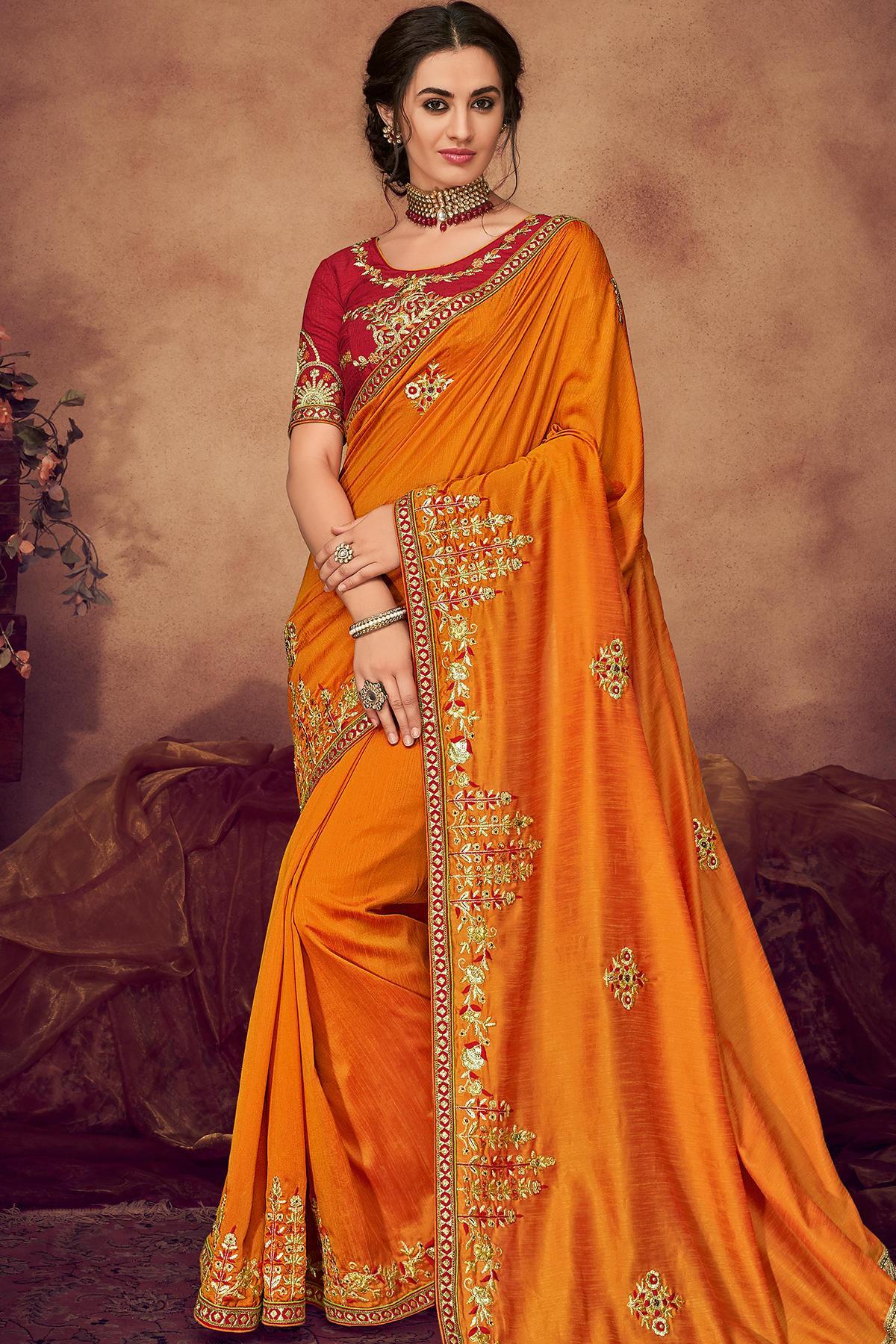 Orange and Garnet Red Designer Saree