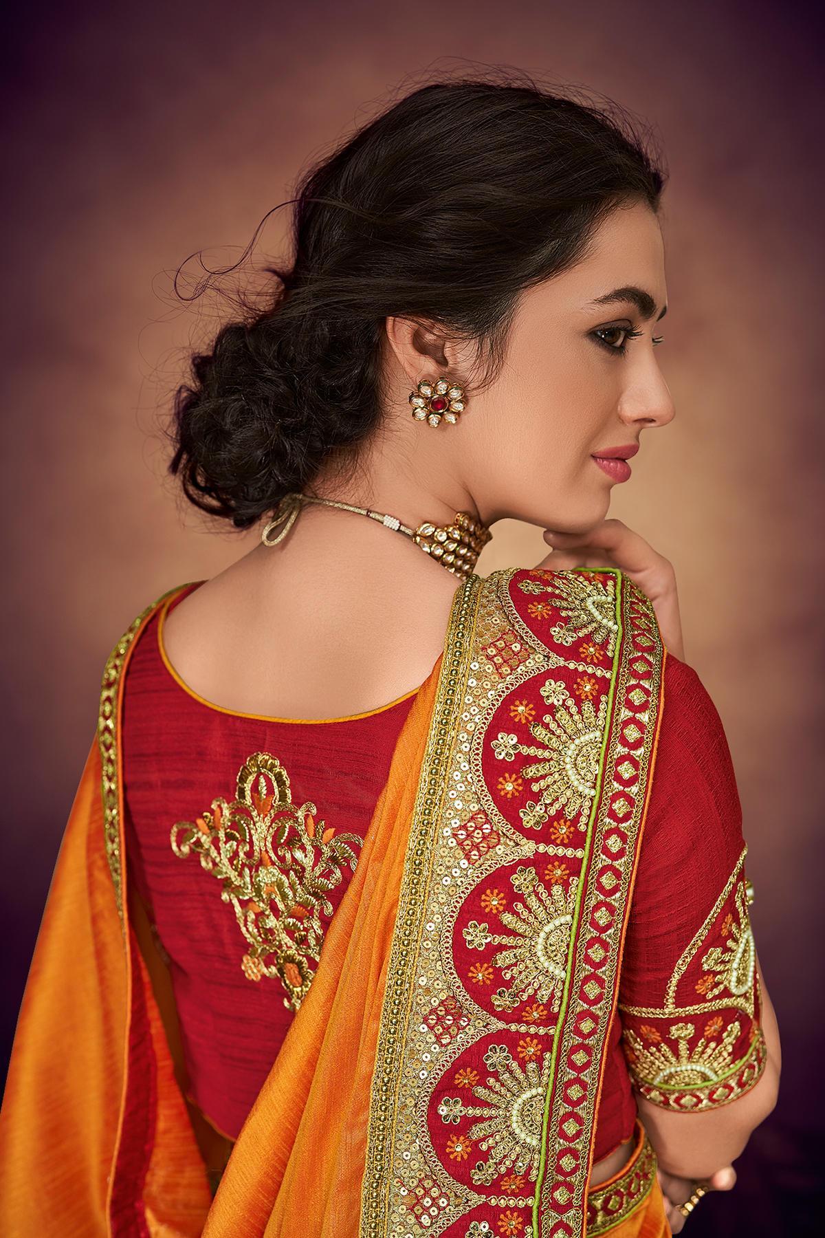 Orange and Garnet Red Designer Saree