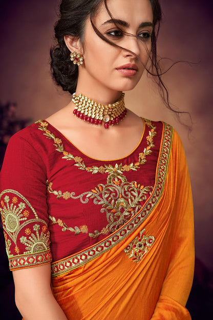 Orange and Garnet Red Designer Saree