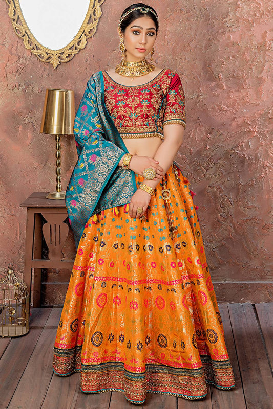 Orange And Maroon Banarasi Silk Bridal Lehenga Choli