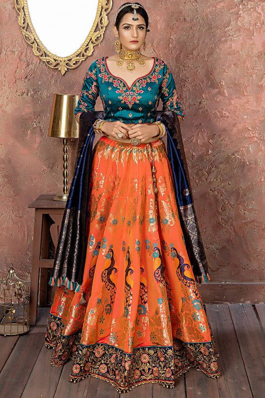 Orange And Navy Blue Banarasi Silk Bridal Lehenga Choli