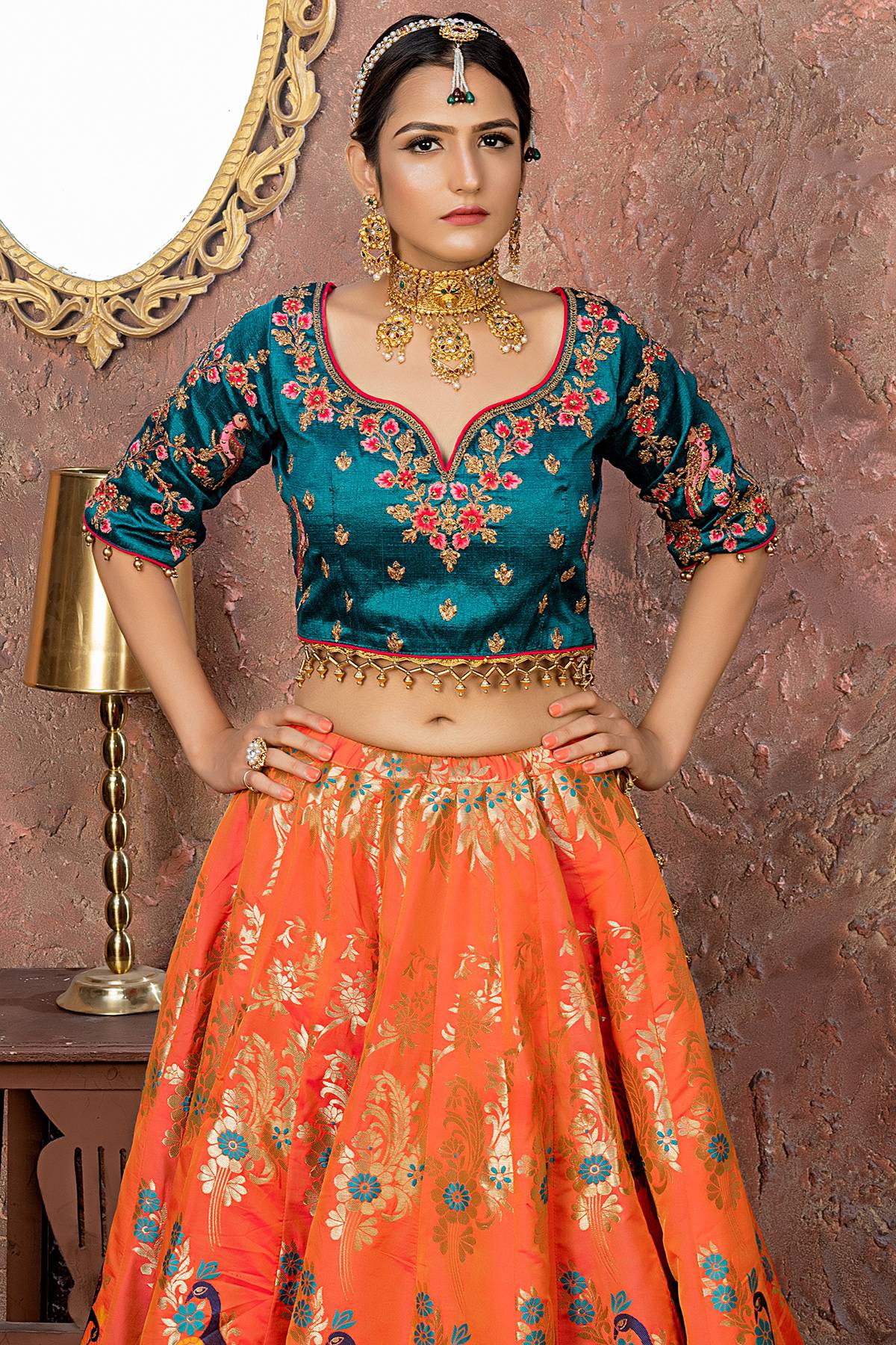 Orange And Navy Blue Banarasi Silk Bridal Lehenga Choli