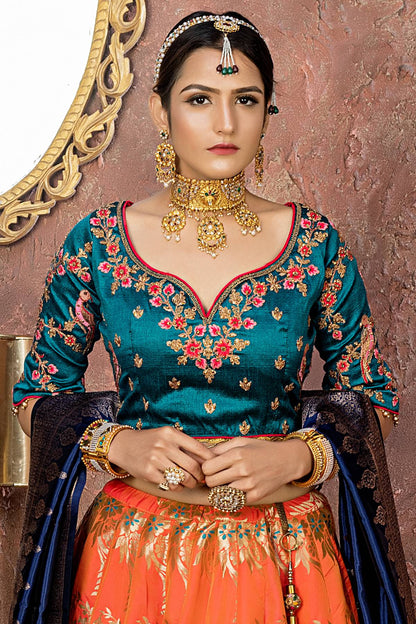 Orange And Navy Blue Banarasi Silk Bridal Lehenga Choli