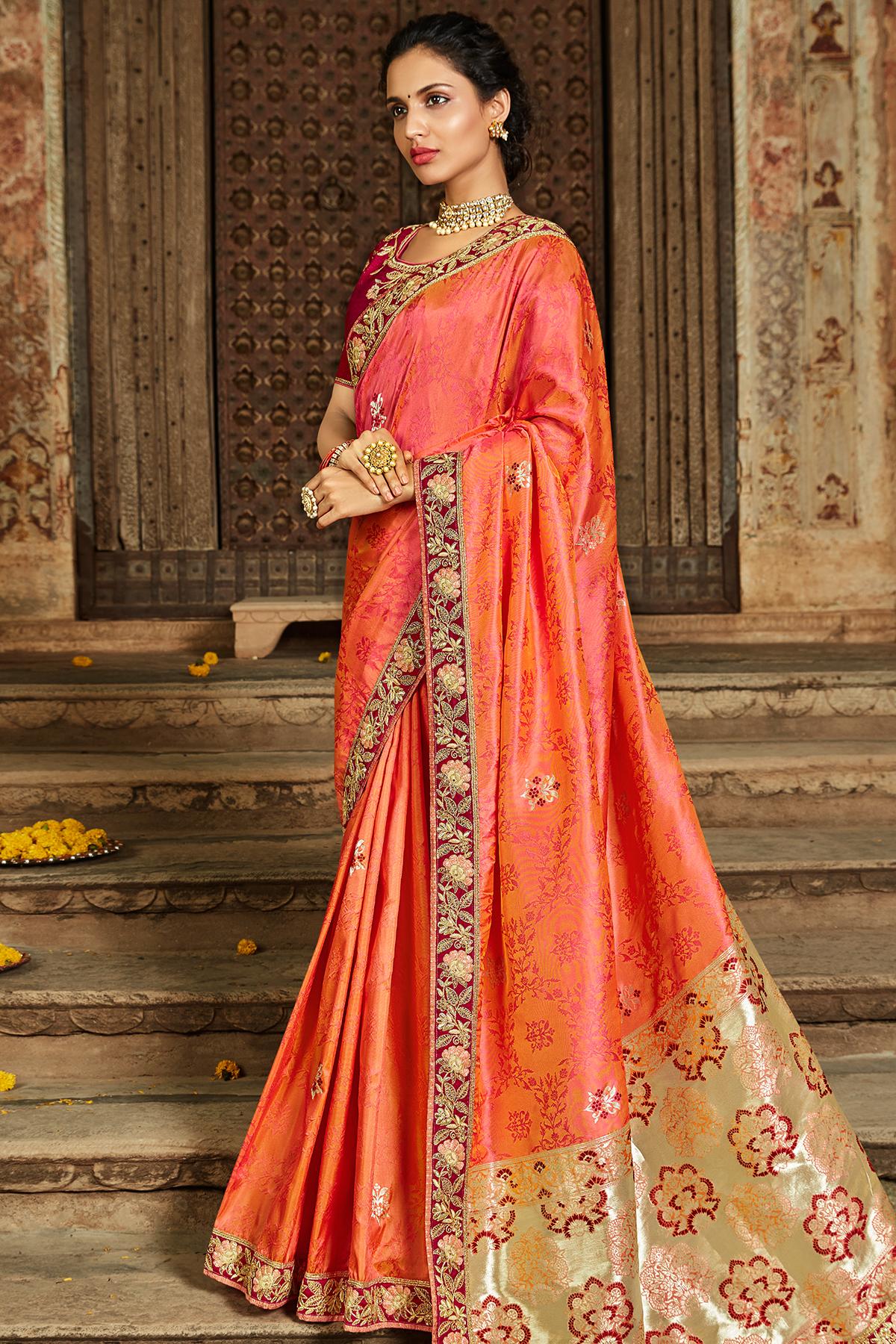 Orange And Red Banarasi Silk Sari