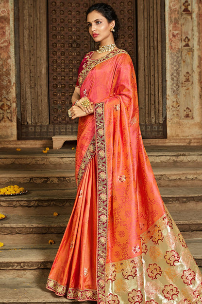 Orange And Red Banarasi Silk Sari