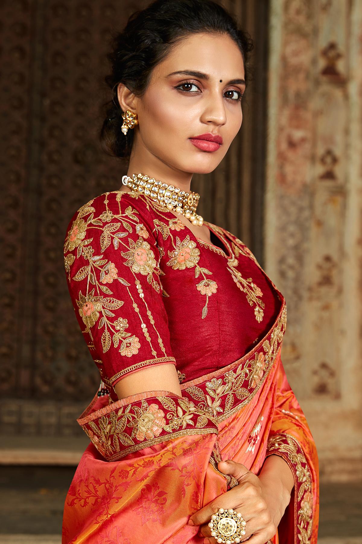 Orange And Red Banarasi Silk Sari