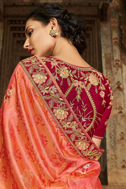 Orange And Red Banarasi Silk Sari