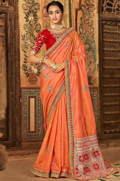 Orange And Scarlet Red Banarasi Silk Sari