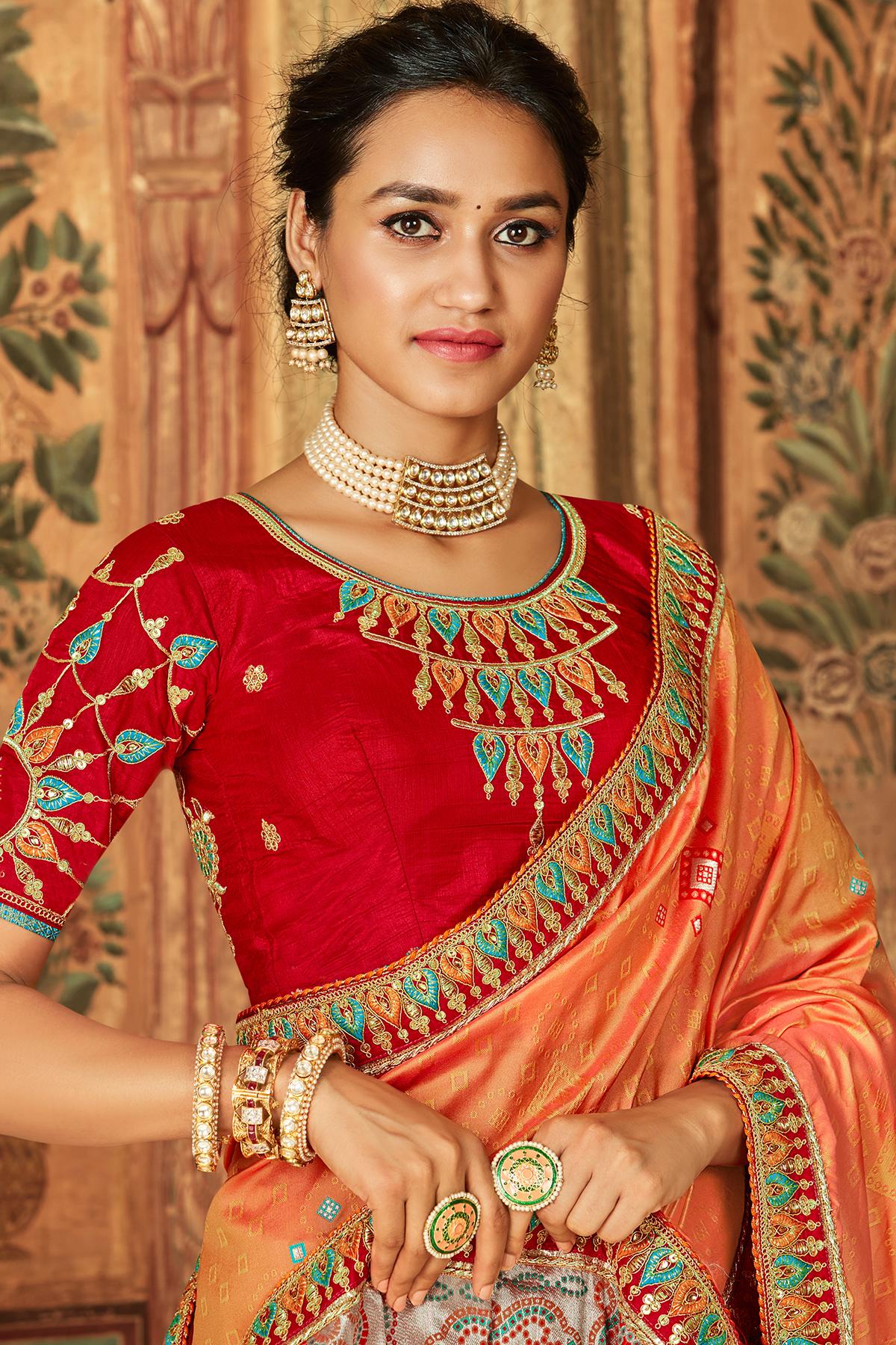 Orange And Scarlet Red Banarasi Silk Sari