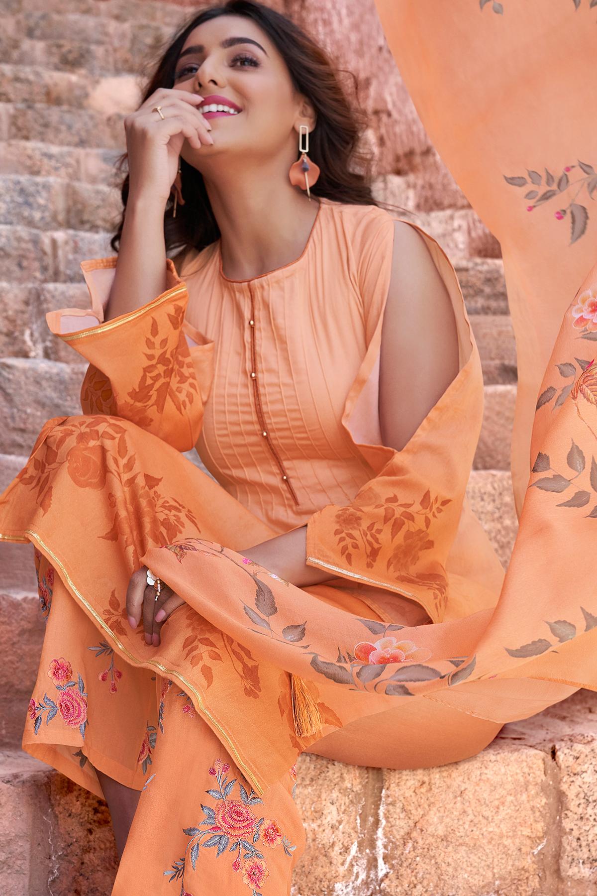 Orange Casual Cotton Straight Suit