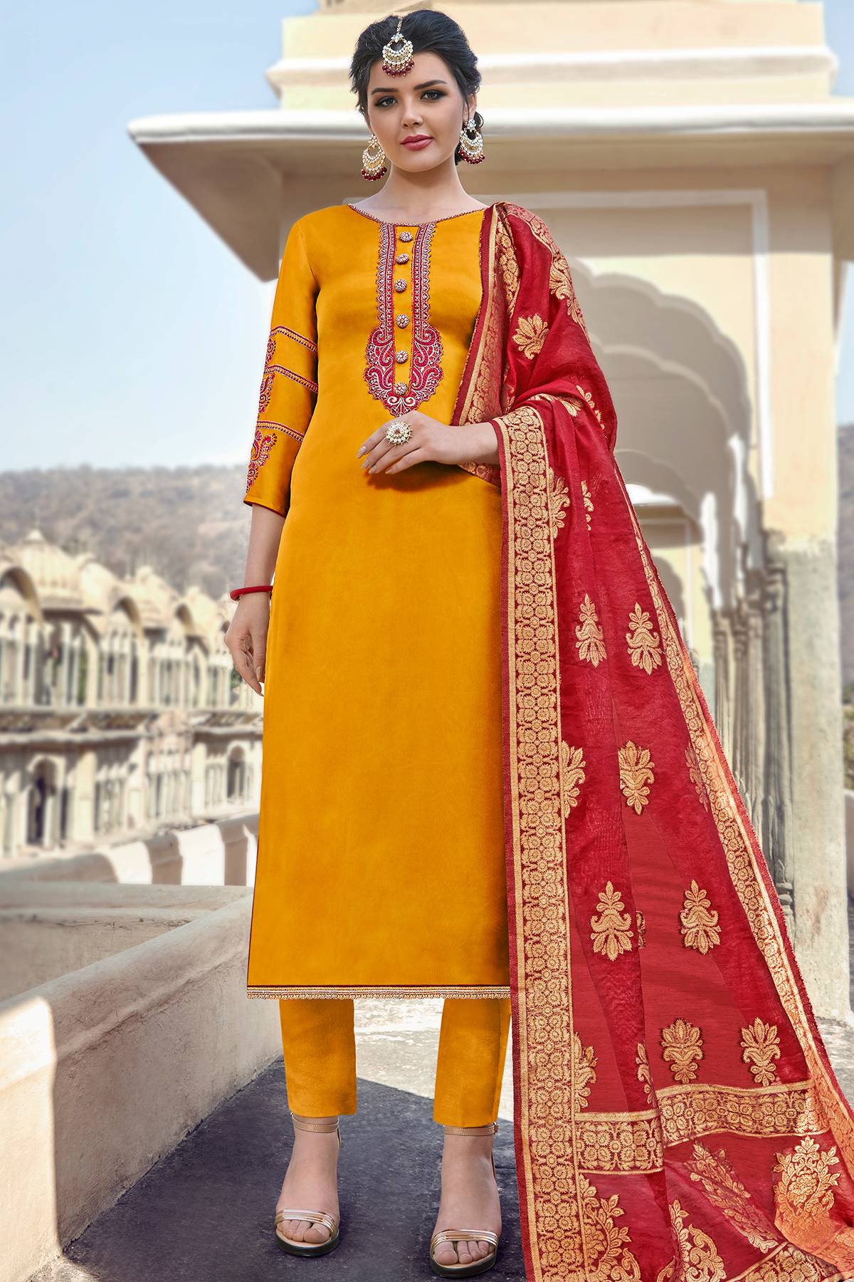 Orange Satin Georgette Straight Suit