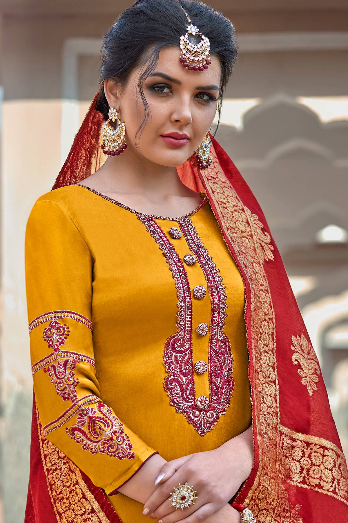 Orange Satin Georgette Straight Suit