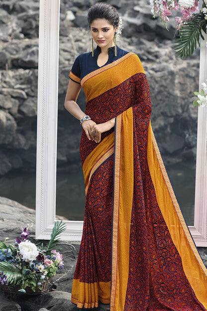 Orange and Blue Floral printed Fancy fabric Saree