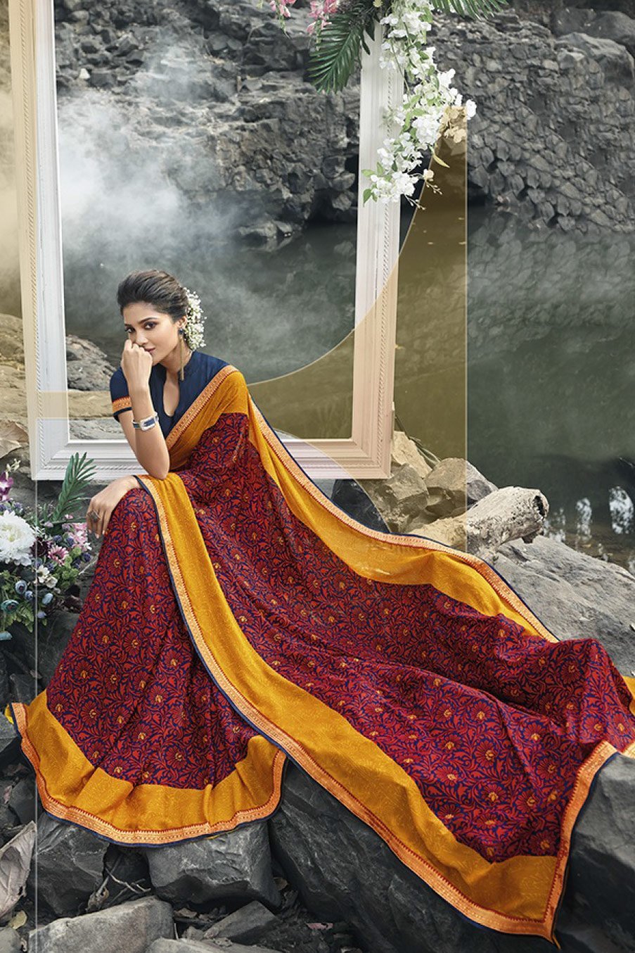 Orange and Blue Floral printed Fancy fabric Saree