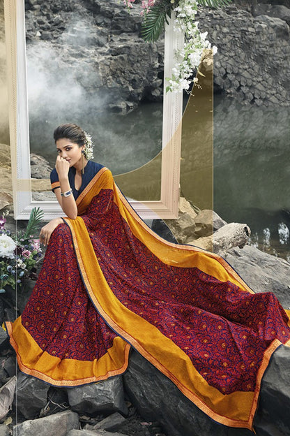 Orange and Blue Floral printed Fancy fabric Saree