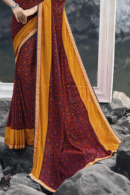 Orange and Blue Floral printed Fancy fabric Saree