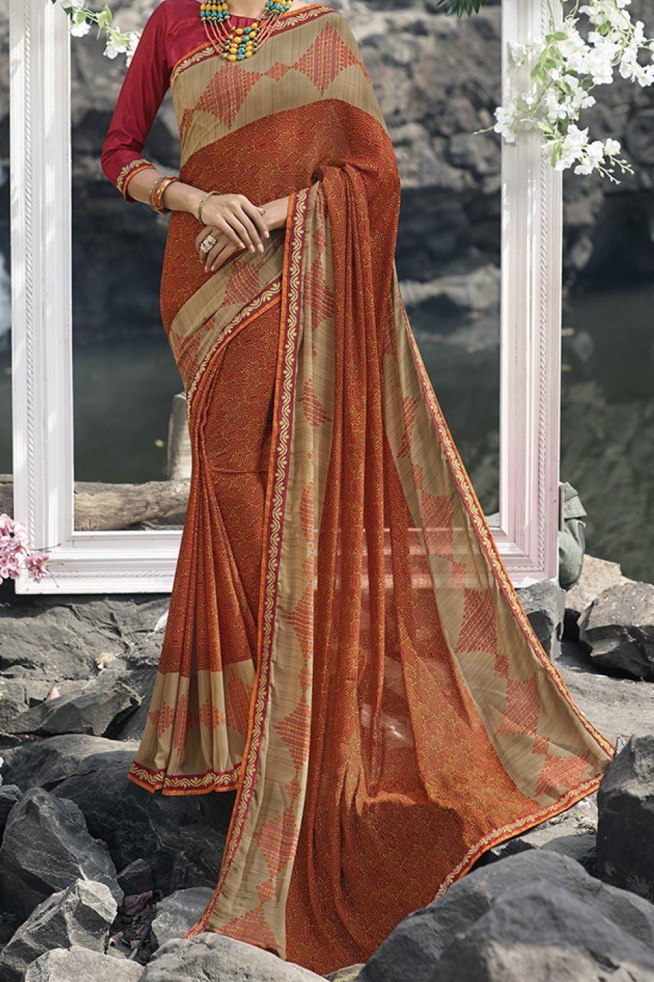 Rusty Brown and Burgundy Fancy fabric Saree