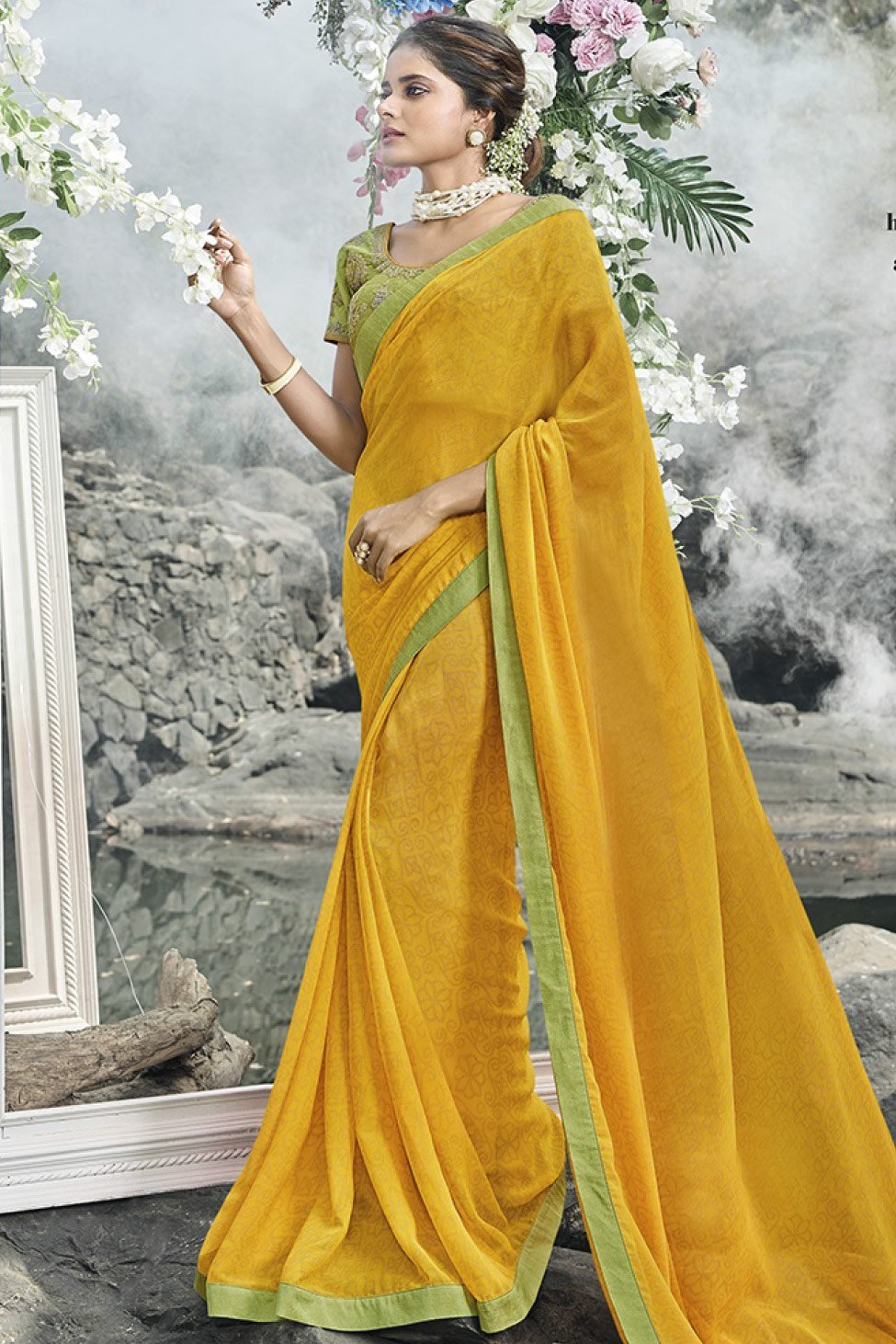 Marvellous Yellow & Green printed Fancy fabric Saree