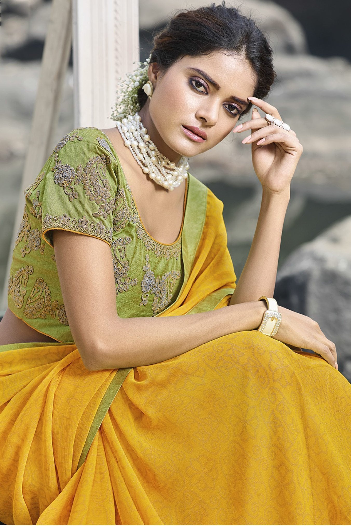 Marvellous Yellow & Green printed Fancy fabric Saree