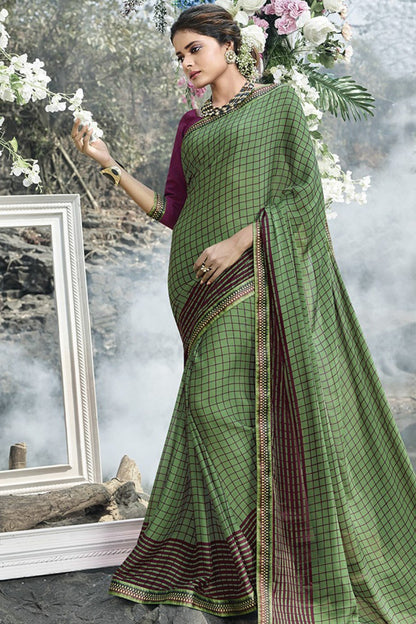 Green and Burgundy printed Fancy fabrics Saree