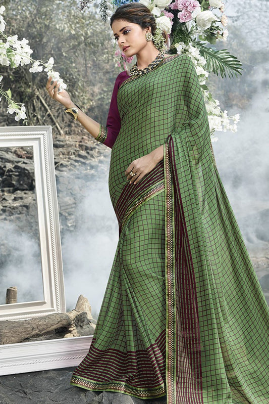 Green and Burgundy printed Fancy fabrics Saree