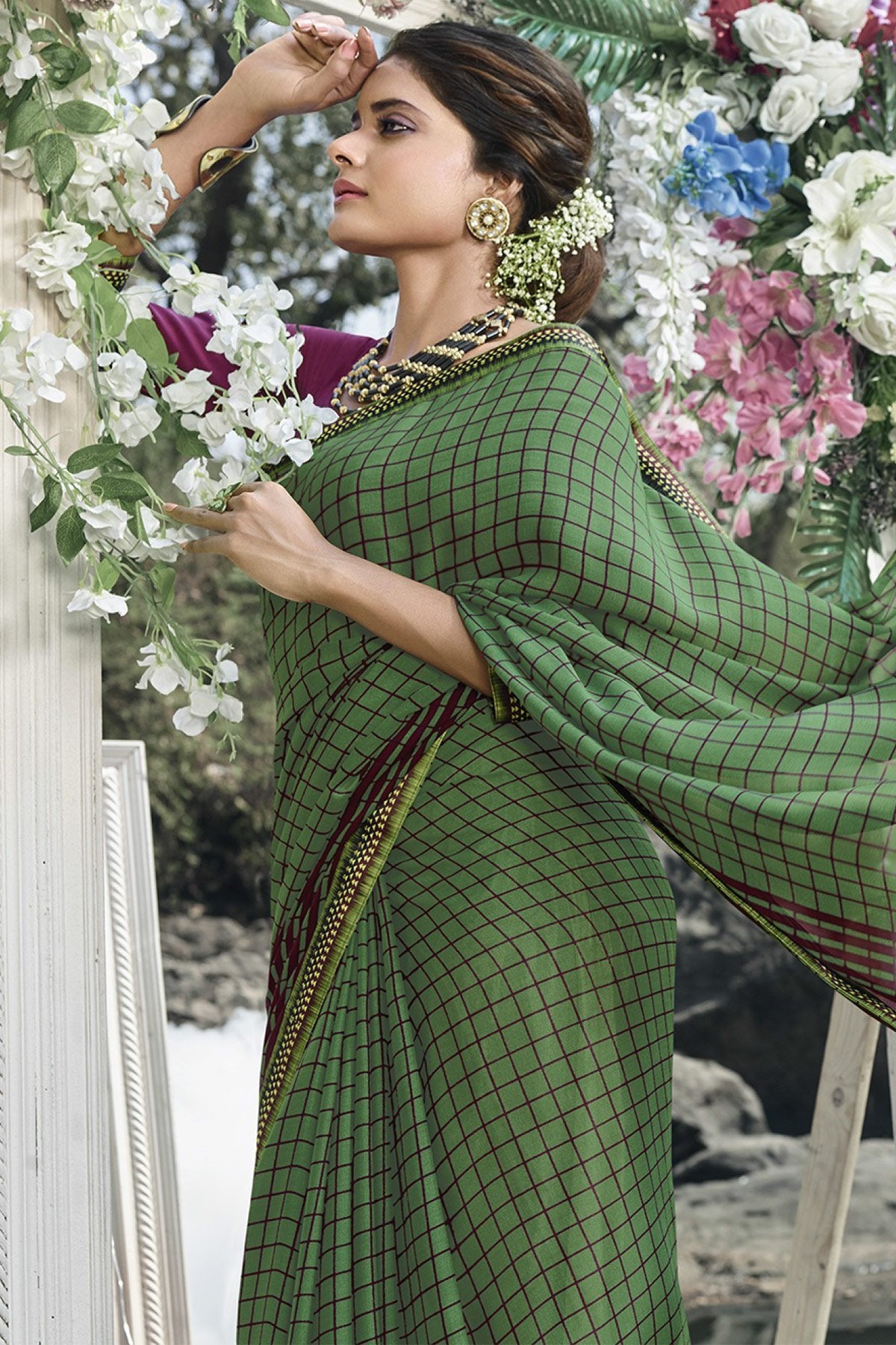 Green and Burgundy printed Fancy fabrics Saree