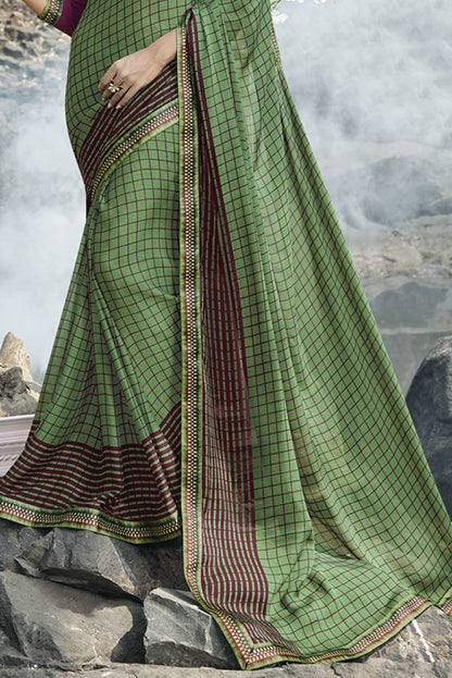 Green and Burgundy printed Fancy fabrics Saree
