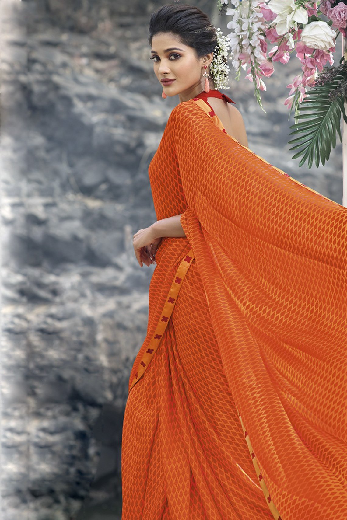 Fiery-Orange Fancy fabric Saree