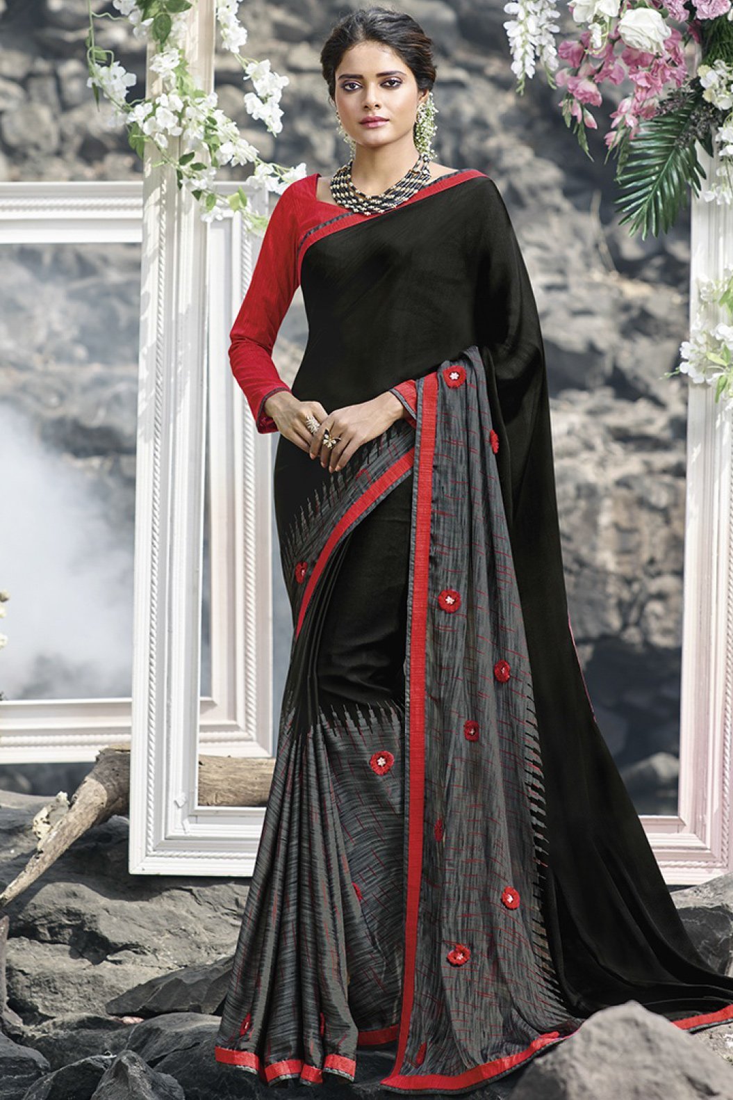 Black-Grey and Red Fancy fabric Saree