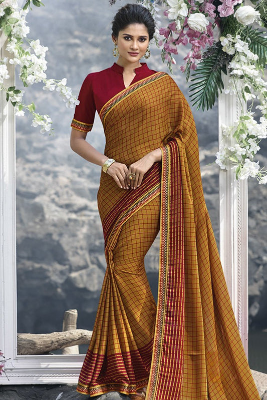 Ginger-Yellow and Burgundy Saree with net-pattern