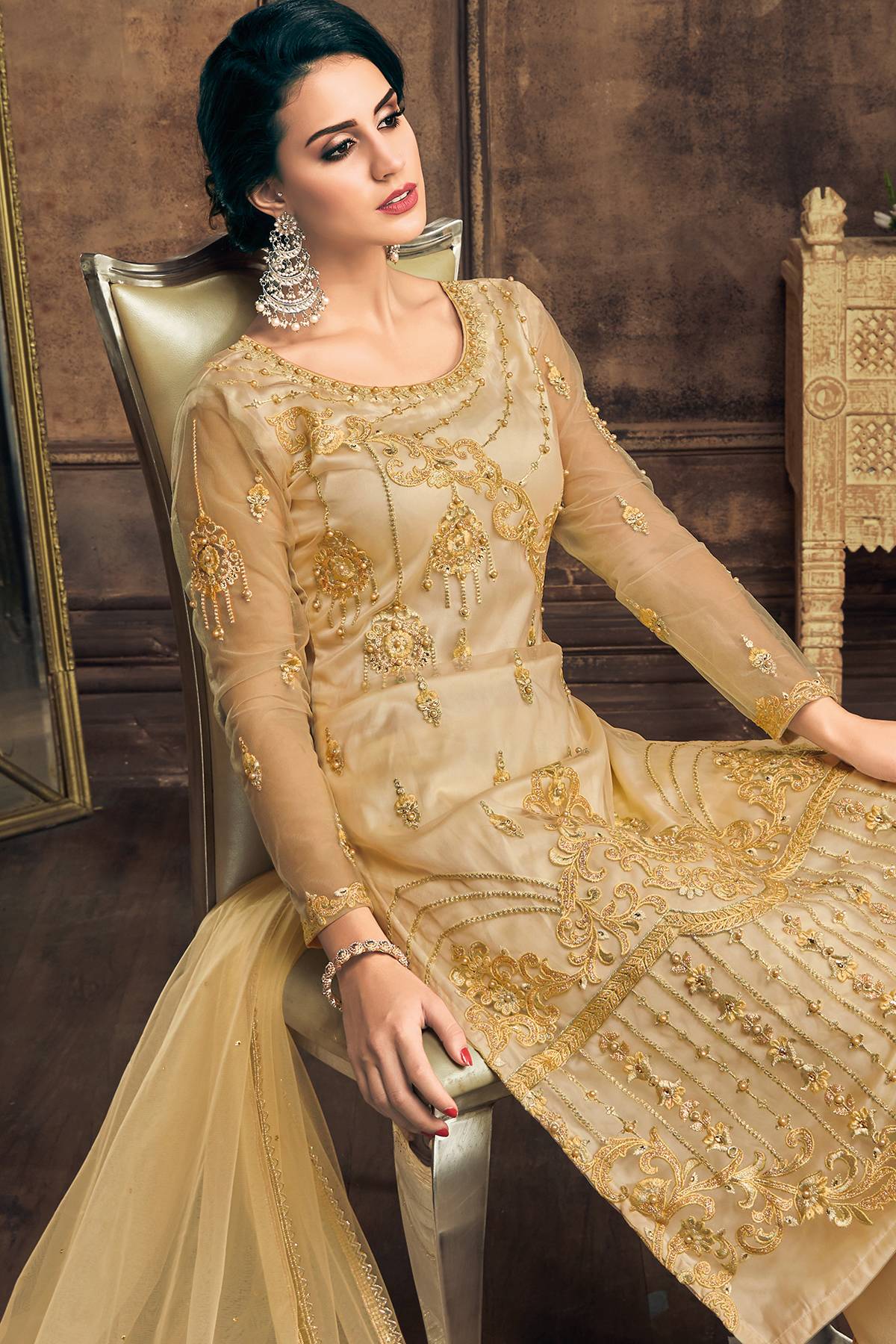 Pale Gold Designer Straight Suit