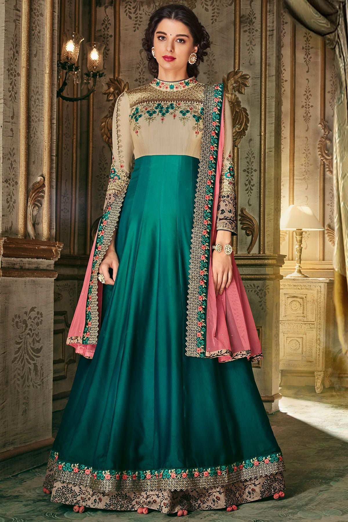 Parmesan And Ocean Blue Party Wear Anarkali Suit