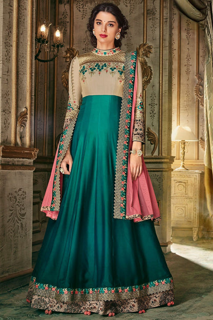 Parmesan And Ocean Blue Party Wear Anarkali Suit