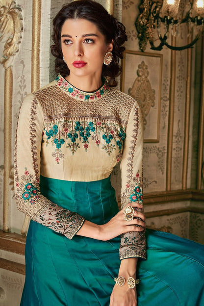 Parmesan And Ocean Blue Party Wear Anarkali Suit