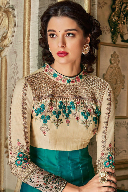 Parmesan And Ocean Blue Party Wear Anarkali Suit