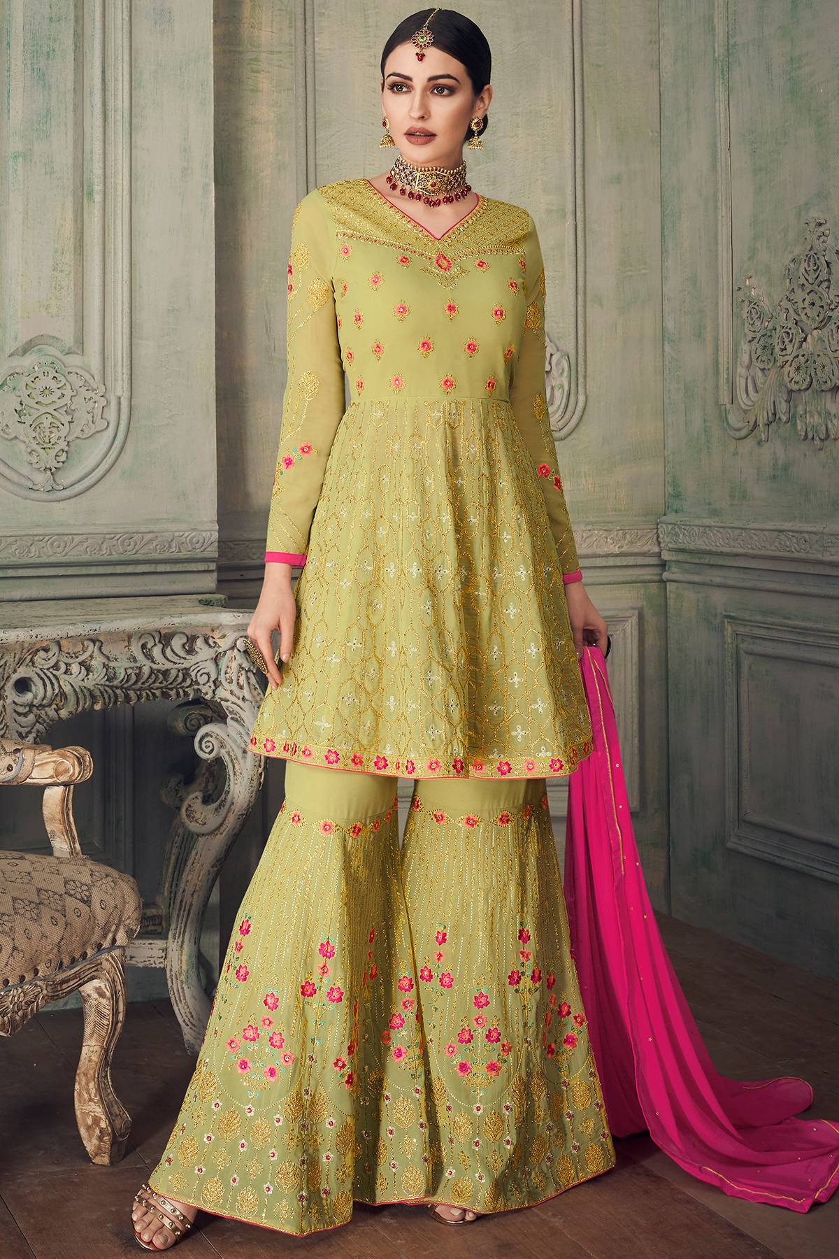 Parrot Green Designer Gharara Style Suit