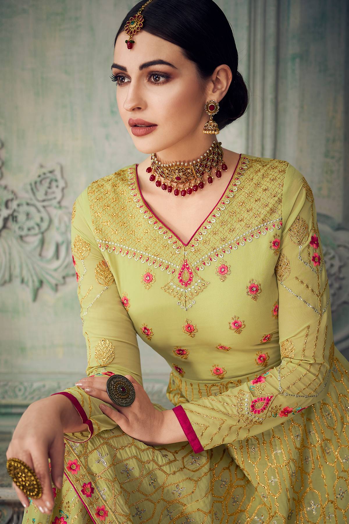 Parrot Green Designer Gharara Style Suit