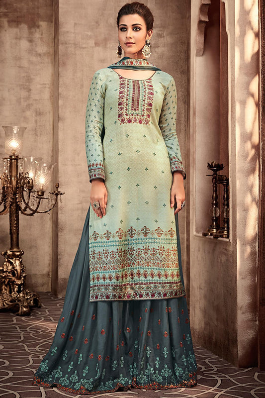 Pastal Green and Grey Printed Sharara Suit
