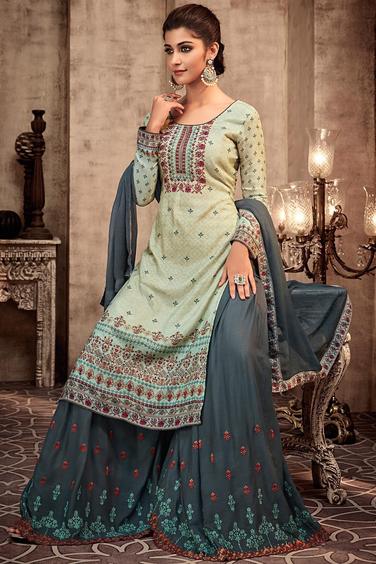 Pastal Green and Grey Printed Sharara Suit