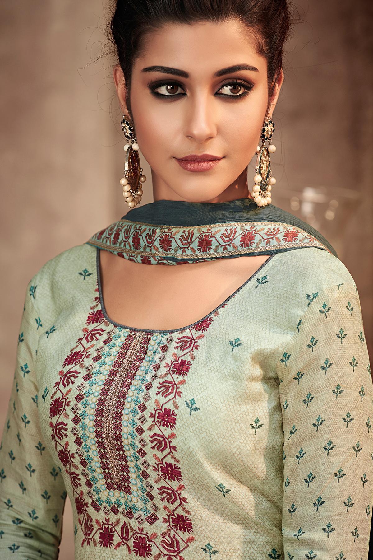 Pastal Green and Grey Printed Sharara Suit