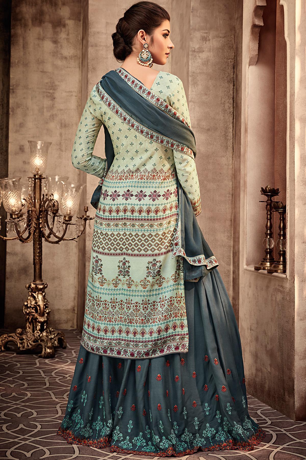 Pastal Green and Grey Printed Sharara Suit