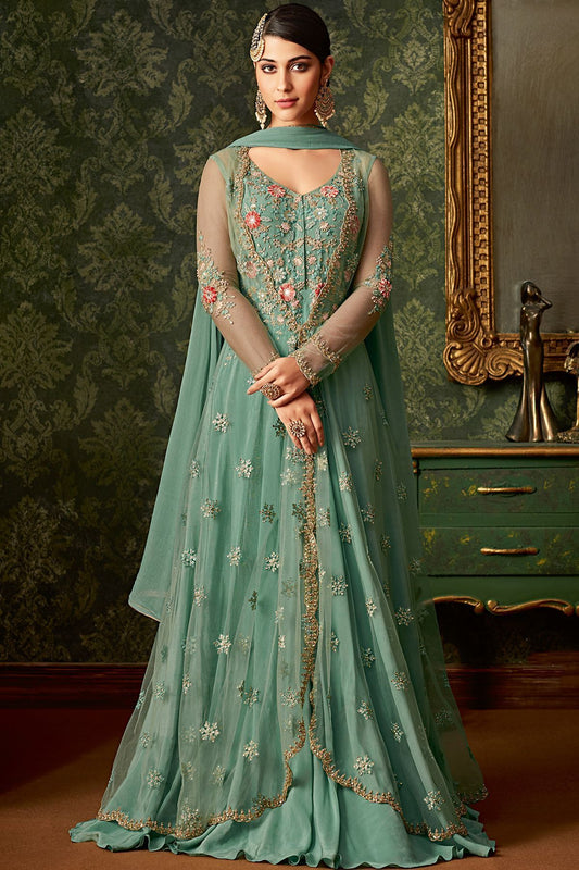 Pastel Embroidered Party Wear Anarkali Suit