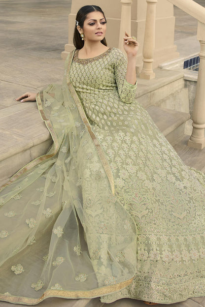 Pastel Green Embroidered Designer Anarkali Suit