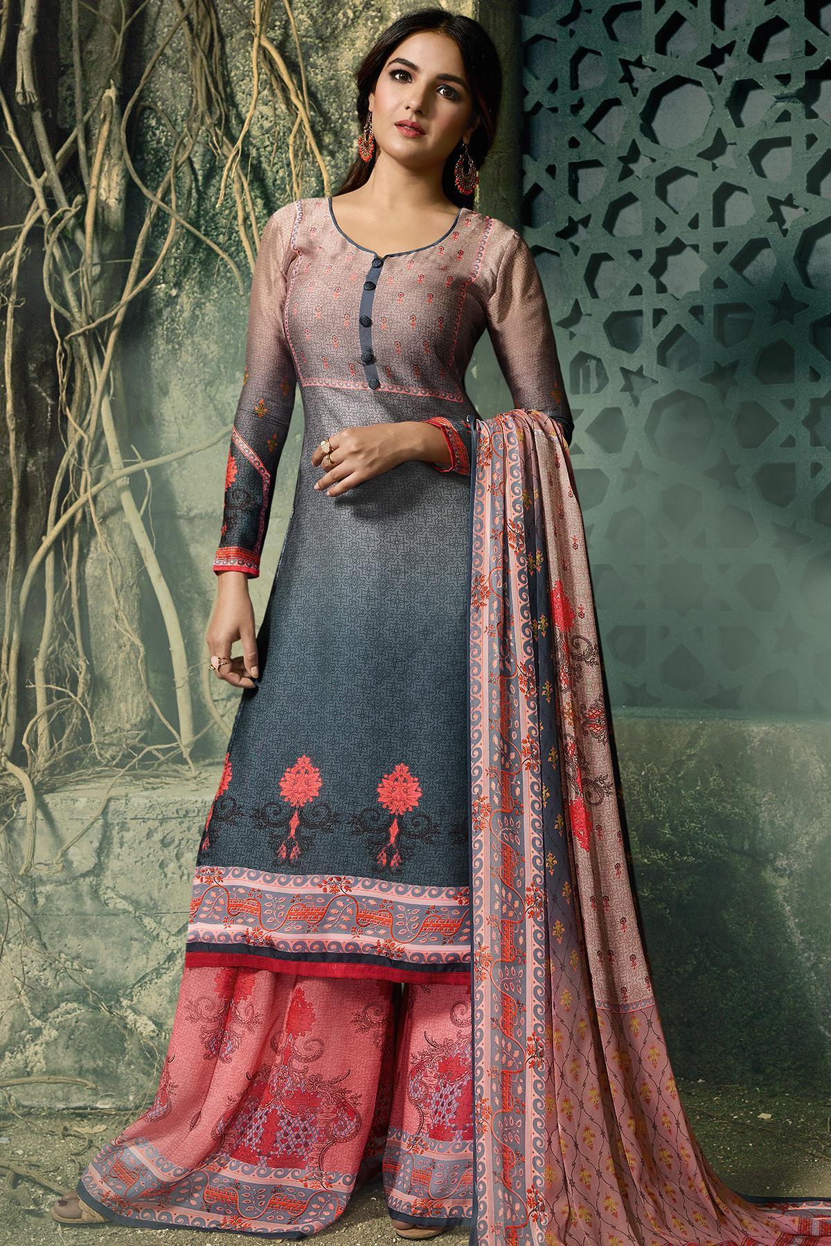 Peach and Gray Shaded Georgette Sharara Suit