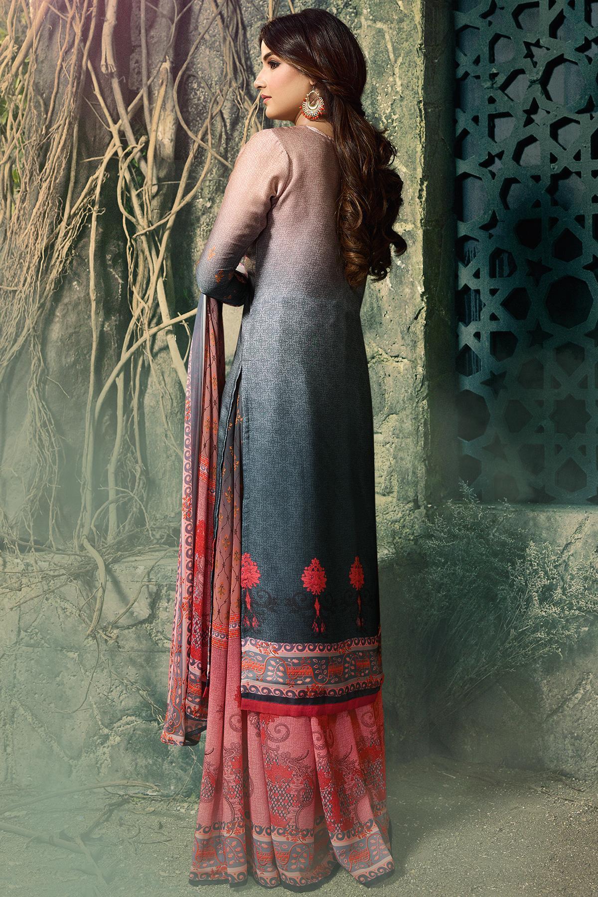 Peach and Gray Shaded Georgette Sharara Suit